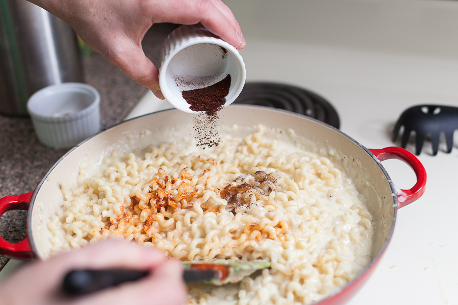 spicy cheese pasta on stovetop