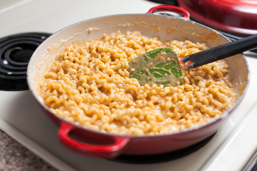 spicy cheese pasta on stovetop